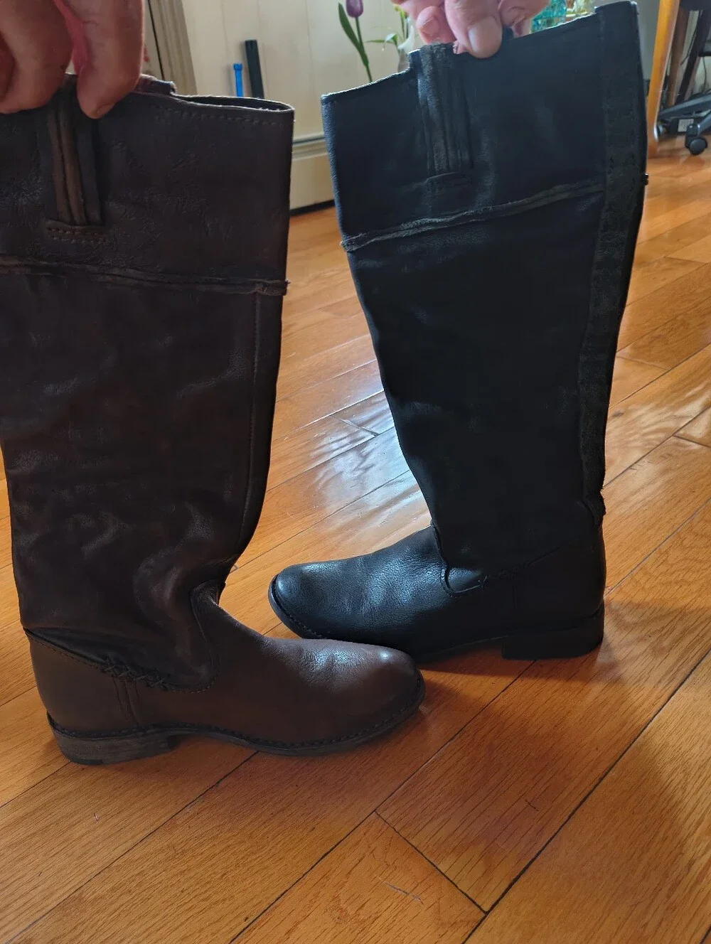 Women's Black Leather Winter Boots - Sleek Slip-On 2 Pair. Blk And Brown